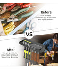 Comparison of disorganized tools and organized tools using a Heavy Duty Metal Hammer Holder and Hand Tool Organizer Wall Mount Rack
