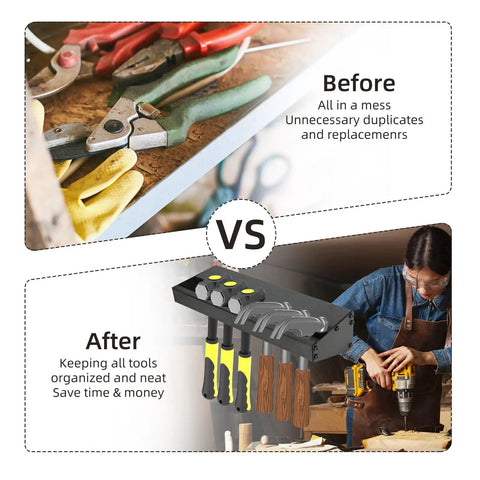 Comparison of disorganized tools and organized tools using a Heavy Duty Metal Hammer Holder and Hand Tool Organizer Wall Mount Rack