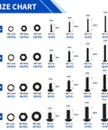 Size chart of Massive 1705 Piece Machine Screw Kit with Metric Bolts M2 M3 M4 M5 Nuts Lock Washers in Alloy Steel.