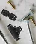 Solid TEHAUX Pneumatic Push To Connect Air Hose Fitting Kit With 3/8 Inch Npt Male Thread And 8mm Tube, Straight Elbow Tee Connector Nickel Plated Copper For Lab Or Machine Setups That Are Total Game Changers. black pneumatic fittings with screws on white background