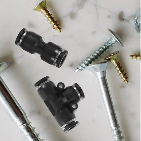 Solid TEHAUX Pneumatic Push To Connect Air Hose Fitting Kit With 3/8 Inch Npt Male Thread And 8mm Tube, Straight Elbow Tee Connector Nickel Plated Copper For Lab Or Machine Setups That Are Total Game Changers. black pneumatic fittings with screws on white background