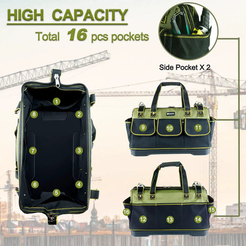 Heavy Duty 20 Inch Tool Bag With Waterproof Molded Base, pockets highlighted, exterior view for Builders and DIYers