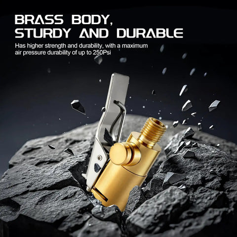 Locking Brass Tire Air Chuck With Quick Connect Adapter For Schrader Valves, 1/4 Inch NPT shown on rocky surface