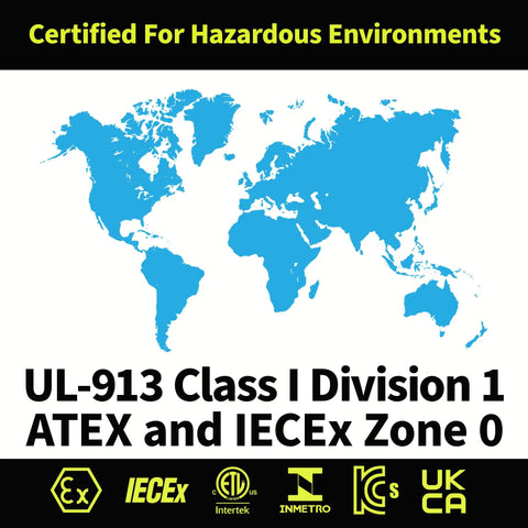 Certification logos for Jobsite Ready Intrinsically Safe Dual Function Headlamp For Hazardous Locations Green Light 61mm Bezel Adjustable Tilt