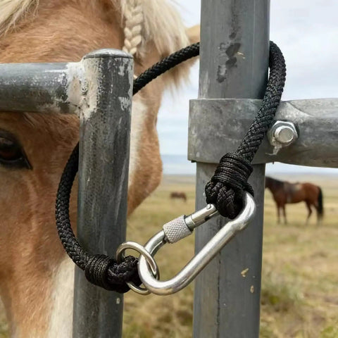 Straight Up Heavy Duty Horse Gate Latch With Rust Resistant Nylon Steel Tie Rope For Secure Barn Fence Fastening And Dependable Outdoor Livestock Herd Gear on a gate.