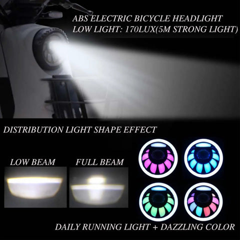 Lit LED Front Light With Horn For Night Riding On E Bike Waterproof 3 Pin Plug Color Changing Modes Low And High Beam Daytime Light Front Fork Mount For 36V 48V Fat Tire E Bikes