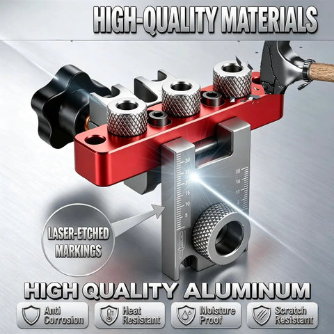 Heavy Duty Self Centering Doweling Jig Kit With Precision Drill Guide For Woodworking Crafts showing laser-etched markings on aluminum.
