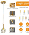Diagram of Mini Crystal Gold Pendant Lights 3 Pack for Kitchen Island Modern Adjustable Chandeliers with socket and bulb details.