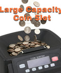 Heavy Duty Coin Counter And Money Sorter Knocks Out Bulk Jars Fast With Slick 270 Coins Per Minute Pace showing large coin slot in action.