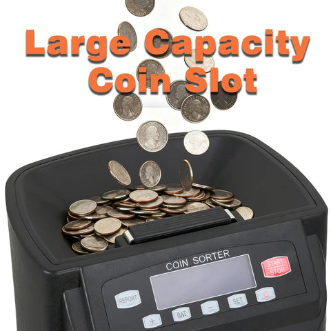 Heavy Duty Coin Counter And Money Sorter Knocks Out Bulk Jars Fast With Slick 270 Coins Per Minute Pace showing large coin slot in action.