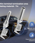 Close-up of tin-plated terminals from 32 Piece 2 Pin Waterproof Automotive Connector Kit With Four Sets Including Plugs And Receptacles Size 12 Contact Pins 14 To 12 AWG Wire Gauge 25 Amp Rating Beefed Up Rugged Weatherproof Electrical Connectors.