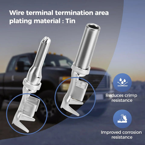 Close-up of tin-plated terminals from 32 Piece 2 Pin Waterproof Automotive Connector Kit With Four Sets Including Plugs And Receptacles Size 12 Contact Pins 14 To 12 AWG Wire Gauge 25 Amp Rating Beefed Up Rugged Weatherproof Electrical Connectors.