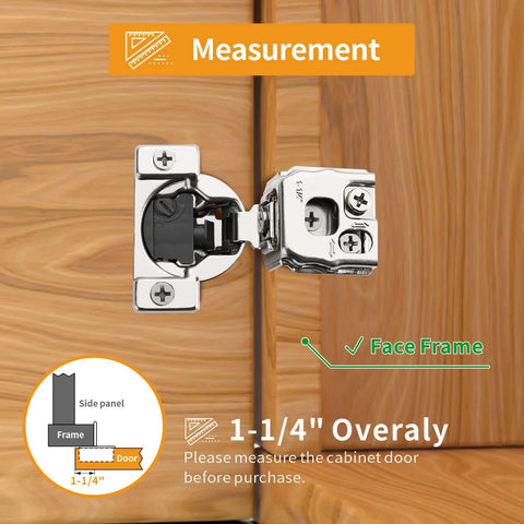 Front view of two-pack satin-nickel concealed hinges for face-frame cabinet doors with soft-close and 1-1/4 inch overlay