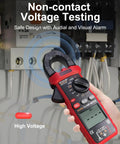Person holding Rugged Digital Clamp Meter And Multimeter With TRMS 6000 Counts in front of electrical panel indicating high voltage.