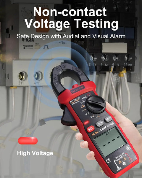 Person holding Rugged Digital Clamp Meter And Multimeter With TRMS 6000 Counts in front of electrical panel indicating high voltage.