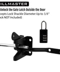 Heavy Duty Beefy Self Locking Gate Latch For Wooden Fences With Automatic Gravity Lever Longer Fasteners And Pull String Black Finish Ideal For Secure Pool And Garden Gates Inward Or Outward Swing, shown with lock compatibility.