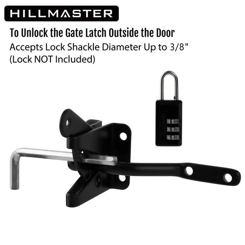 Heavy Duty Beefy Self Locking Gate Latch For Wooden Fences With Automatic Gravity Lever Longer Fasteners And Pull String Black Finish Ideal For Secure Pool And Garden Gates Inward Or Outward Swing, shown with lock compatibility.