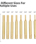 Pin Punch Set 20Pcs With Steel And Brass Pin Punches Hammer Storage Pouch And Red Tool Bag Workhorse Kit For Automotive Furniture And DIY Projects Includes Variety Sizes, showing 8 brass punches in different sizes.