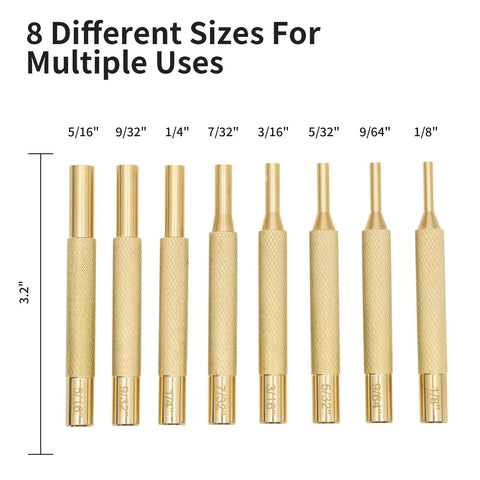 Pin Punch Set 20Pcs With Steel And Brass Pin Punches Hammer Storage Pouch And Red Tool Bag Workhorse Kit For Automotive Furniture And DIY Projects Includes Variety Sizes, showing 8 brass punches in different sizes.