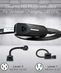 Tesla NACS Portable EV Charger With Dual Level Charging, displaying dual NEMA 14-50 and 5-15 plugs for versatile options.