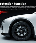 Badass Skull Print Wheel Hub Cap Covers 4 Pack Tough Metal Center Caps waterproof covers on black alloy wheel of a white car.