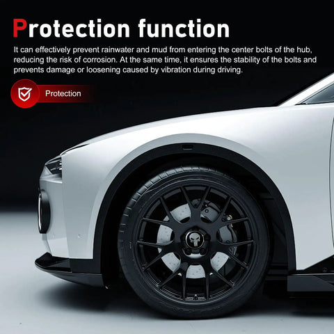 Badass Skull Print Wheel Hub Cap Covers 4 Pack Tough Metal Center Caps waterproof covers on black alloy wheel of a white car.