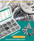 Woodruff Key Stock Assortment Kit With 180 Pieces 15 Round End Feather Keys Parallel Drive Shaft Keys For Fasteners Mechanical Industry Crankshaft Applications High Hardness Carbon Steel With Abrasion And Vibration Resistance displayed in open box near gear mechanism.