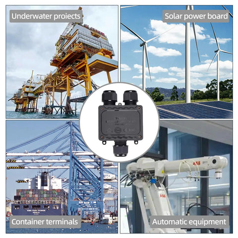 Rugged Outdoor IP68 Waterproof Three Way M25 Junction Box with four core power connectors shown with various applications.