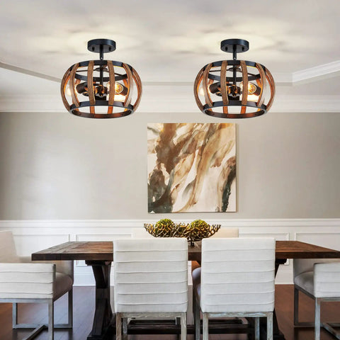Dining room with two Dope Black Farmhouse Ceiling Light Fixture With Wood Grain Metal Finish, modern rustic style above table.