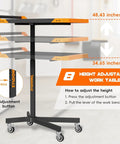 Mobile Rolling Tool Cart With 8 Adjustable Heights From 34.25 To 48.03 Inches Adjustable Work Bench For Garage 110 Lb Capacity On Wheels Multi Scene Work Table In Orange Easy Glide Swivel Wheels And Locking Casters, showing adjustable height mechanism with clear measurement indicators and orange trim.