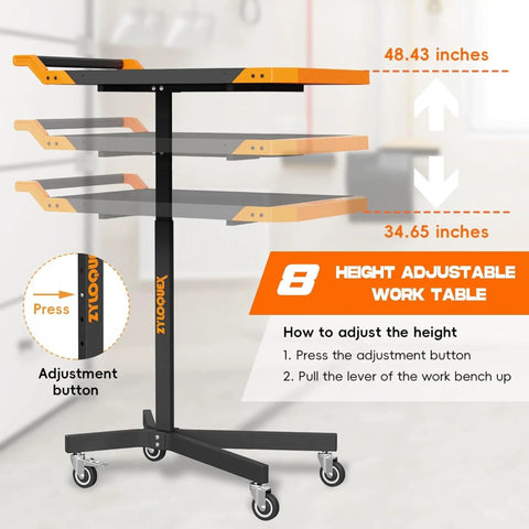 Mobile Rolling Tool Cart With 8 Adjustable Heights From 34.25 To 48.03 Inches Adjustable Work Bench For Garage 110 Lb Capacity On Wheels Multi Scene Work Table In Orange Easy Glide Swivel Wheels And Locking Casters, showing adjustable height mechanism with clear measurement indicators and orange trim.
