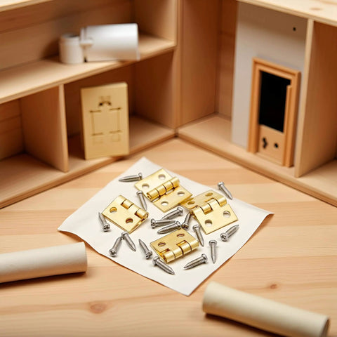 1 Set 1/12 Scale Tiny Dollhouse Door Hinges With 4 Pieces And 16 Screws, displayed with miniature furniture background