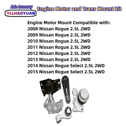Complete Set of 4 Heavy Duty Engine Motor Mounts for 2008 2015 Nissan Rogue 2 5 Liter 2WD with assembly instructions visible.