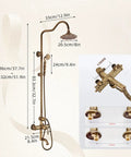 Antique Brass Exposed Shower System with Tub Spout 90° Rotating with detailed measurements and features.