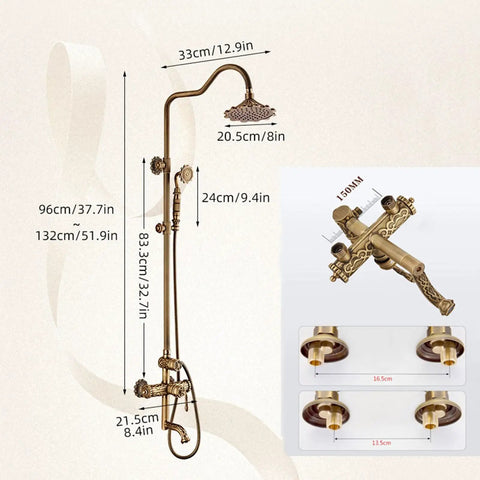 Antique Brass Exposed Shower System with Tub Spout 90° Rotating with detailed measurements and features.