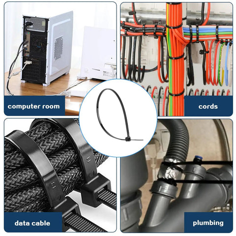 600 Piece Industrial Grade Zip Ties Set Assorted Sizes UL94V2 Certified UV Resistant for computer cables and plumbing