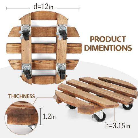 2 Pack Plant Caddies With 360 Degree Lockable Smooth Sliding Wheels For Indoor Outdoor Use, top and side view showing dimensions.
