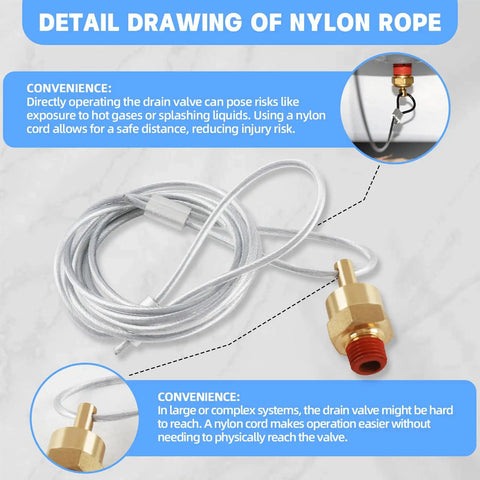 Quarter Inch Air Tank Drain Valve With Sixty Inch Cable For Semi Trucks And Trailers, brass valve with nylon rope details