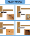 Various angles of 104 Piece Nickel Plated Shelf Support Pins For Kitchen Cabinets Bookshelves And Closets with wall adjustments.