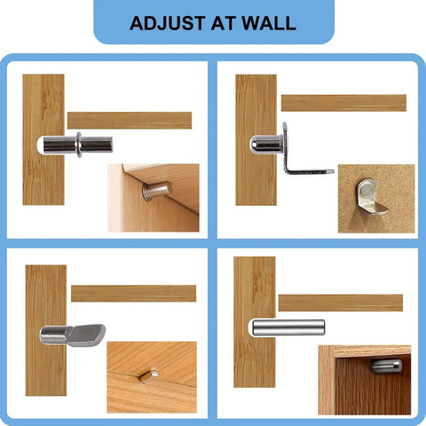 Various angles of 104 Piece Nickel Plated Shelf Support Pins For Kitchen Cabinets Bookshelves And Closets with wall adjustments.