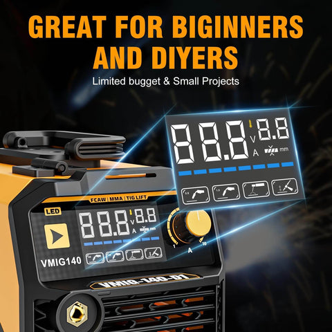 Three In One 110V Welder With 140 Amp Output, Flux Core MIG, Lift TIG, And Stick Welding, large digital screen display