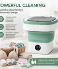 Compact Portable Foldable Washer With Amped Up Motor And Three Wash Cycles. Super Snazzy For Toddler Threads And Delicate Fabrics On Vacations Or In Apartments. An Absolute Must Have. close-up view of washer with laundry items arranged around.