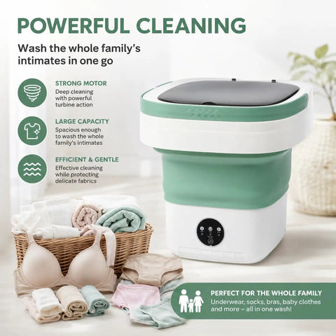 Compact Portable Foldable Washer With Amped Up Motor And Three Wash Cycles. Super Snazzy For Toddler Threads And Delicate Fabrics On Vacations Or In Apartments. An Absolute Must Have. close-up view of washer with laundry items arranged around.