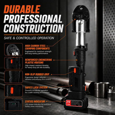 60KN Cordless Electric Pipe Crimper Tool 18V Brushless Hydraulic Press Kit showcasing durable construction and ergonomic design.