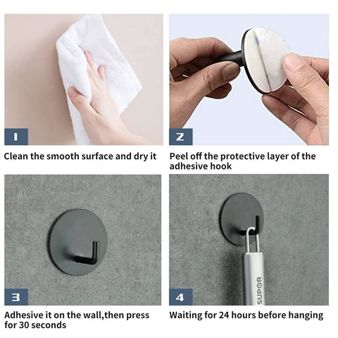 Installation steps for Heavy Duty Waterproof Adhesive Hooks For Bathroom Stainless Steel 304 Black Stick On Wall Hooks