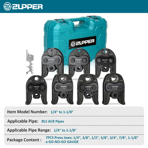 7 Piece Compact Press Jaws Kit For 1/4 Inch To 1 1/8 Inch Refrigeration Piping with blue carrying case and size labels