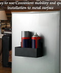 Magnetic Spray Can Holder 4 Pack Heavy Duty Pro Grade Wall Mounted Bottle Rack holding spray cans in a garage setting.