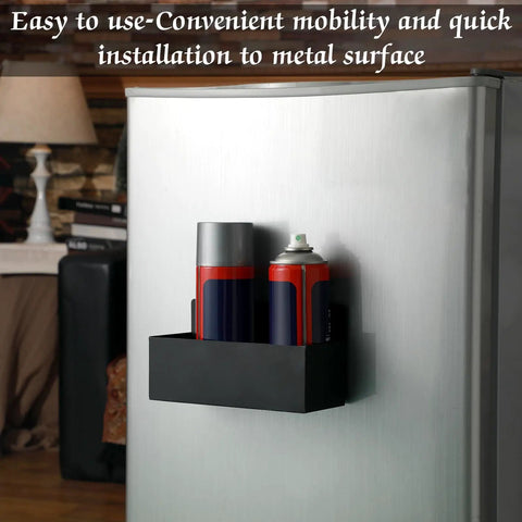 Magnetic Spray Can Holder 4 Pack Heavy Duty Pro Grade Wall Mounted Bottle Rack holding spray cans in a garage setting.