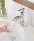 Chrome Waterfall Bathroom Faucet With Single Hole, Single Handle Sink Faucet For Farmhouse Vanity, water flowing into glass