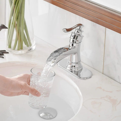 Chrome Waterfall Bathroom Faucet With Single Hole, Single Handle Sink Faucet For Farmhouse Vanity, water flowing into glass